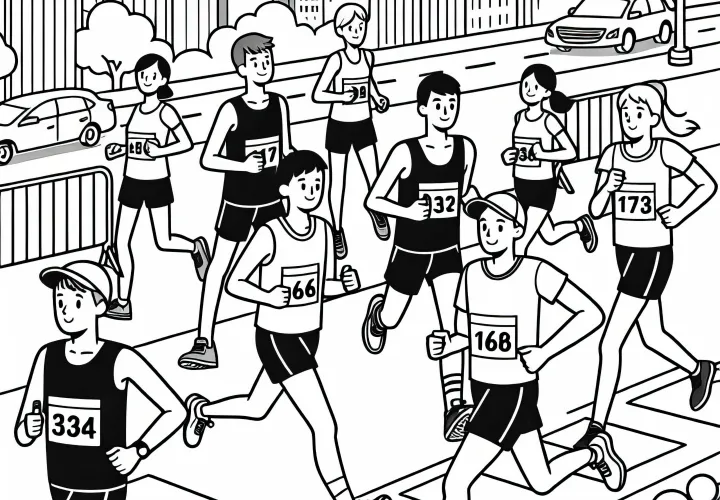 Group of hobby runners participates in city marathon – Free coloring page