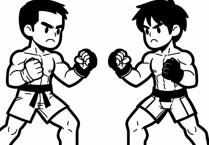 Zwei MMA Kämpfer stehen sich in Kampfstellung gegenüber – Ausmalbild kostenlos Zwei MMA Kämpfer stehen sich in Kampfstellung gegenüber – Ausmalbild kostenlos