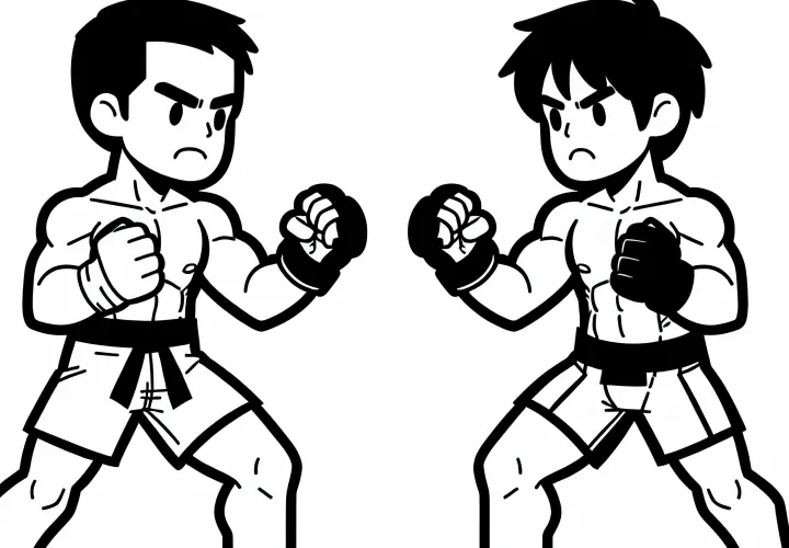 Two MMA fighters face each other in a fighting stance - free coloring page