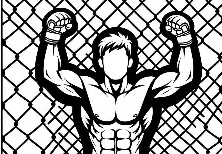 MMA-Kämpfer feiert Sieg mit erhobenen Fäusten im Käfig – Ausmalbild kostenlos MMA-Kämpfer feiert Sieg mit erhobenen Fäusten im Käfig – Ausmalbild kostenlos