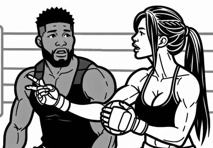 MMA-Trainerin gibt Kämpfer Anweisungen – Malvorlage Gratis MMA-Trainerin gibt Kämpfer Anweisungen – Malvorlage Gratis