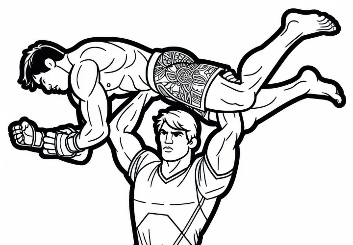 MMA fighter lifts opponent up for a spectacular takedown - free coloring page