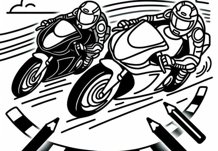 Zwei Motorräder liefern sich beim Motorsport Kopf-an-Kopf-Rennen – Malvorlage kostenlos Zwei Motorräder liefern sich beim Motorsport Kopf-an-Kopf-Rennen – Malvorlage kostenlos