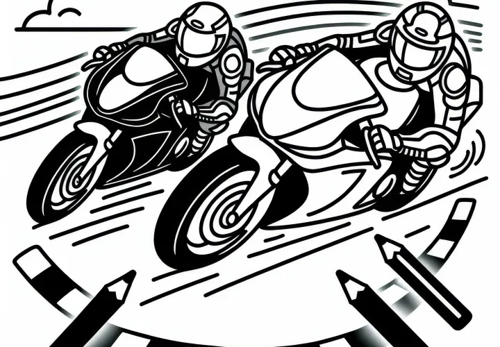 Two motorcycles are racing head-to-head in motorsport - Free coloring page
