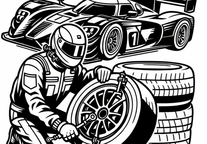 Mechaniker wechselt Reifen beim Motorsport - Ausmalbild gratis Mechaniker wechselt Reifen beim Motorsport - Ausmalbild gratis