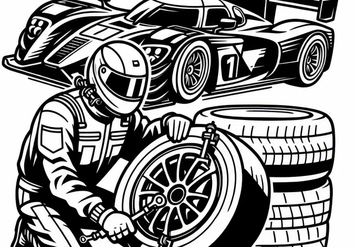 Mechanic changing tires in motorsport - Free coloring page