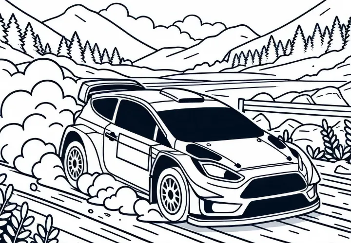 Rally driver steers car over dusty track – Free coloring page