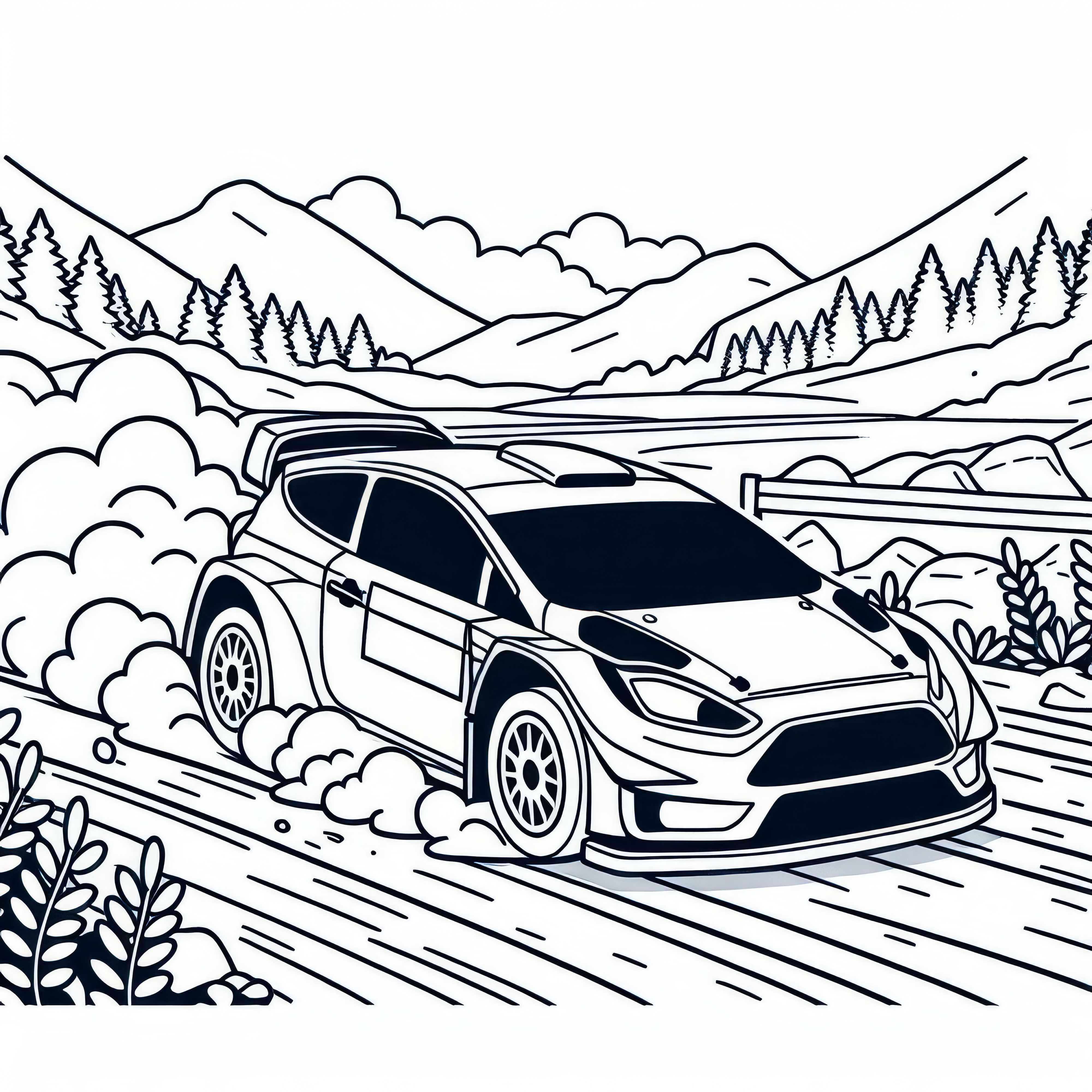 Rallyefahrer steuert Auto über staubige Piste – Ausmalbild kostenlos