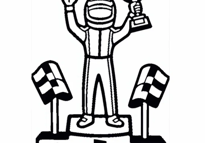Motorsport driver stands on the podium and lifts the trophy in the air – Coloring page simple and free