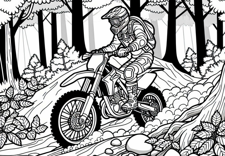 Fahrer fährt beim Motorradsport durch engen Waldweg - Ausmalbild gratis Fahrer fährt beim Motorradsport durch engen Waldweg - Ausmalbild gratis
