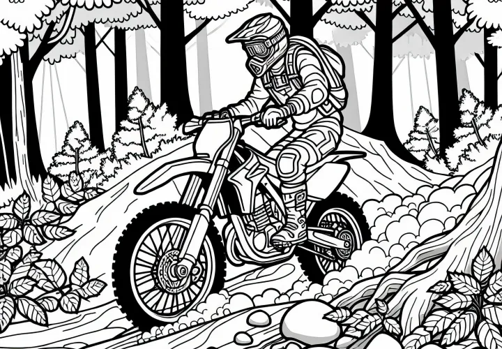 Rider rides through a narrow forest path in motorcycle sports - Free coloring page