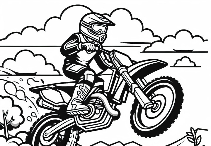 Motorrad springt über Hindernis im Gelände - Ausmalbild kostenlos Motorrad springt über Hindernis im Gelände - Ausmalbild kostenlos