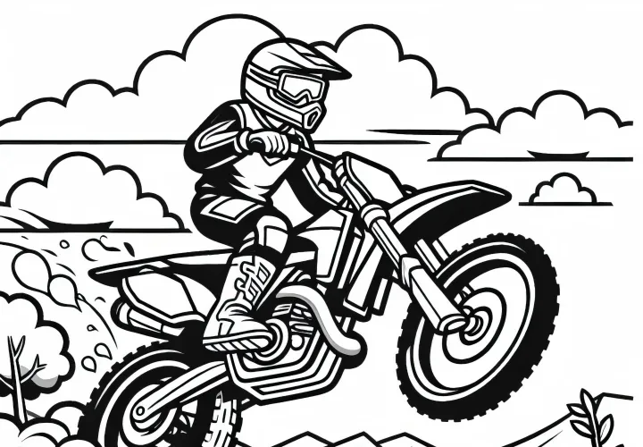 Motorcycle jumping over an obstacle in the terrain - Free coloring page