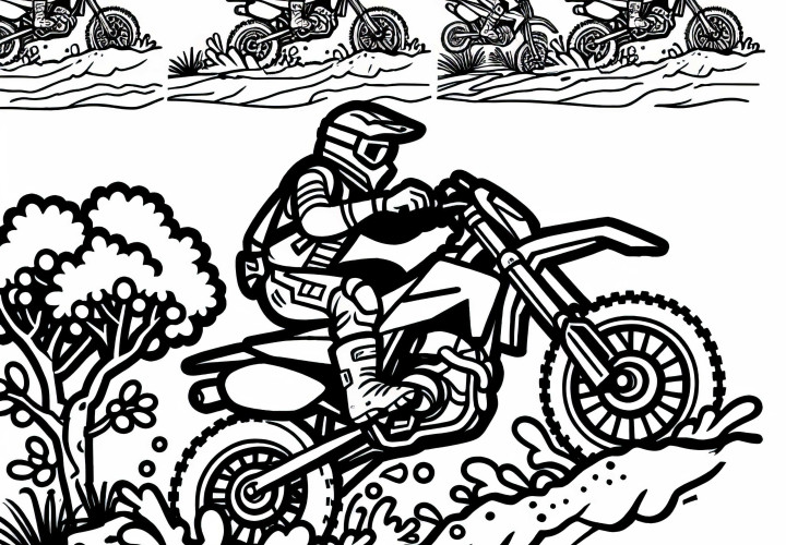 Fahrer überquert beim Motorradsport einen schlammigen Hügel – Malvorlage gratis Fahrer überquert beim Motorradsport einen schlammigen Hügel – Malvorlage gratis