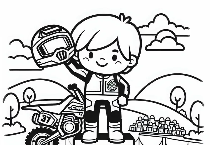 Driver stands on the podium after victory in motorsport – free coloring page