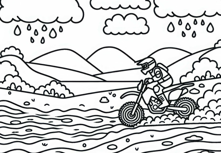 Schlammiger Parcours im Motorradsport – Ausmalbild kostenlos Schlammiger Parcours im Motorradsport – Ausmalbild kostenlos