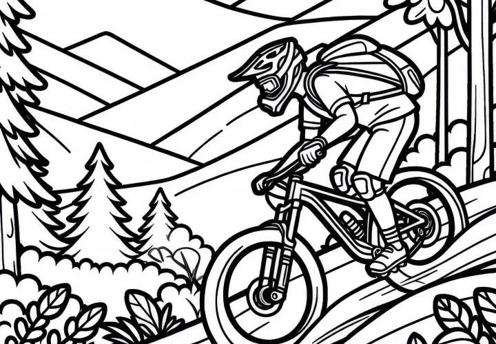 Mountain biker races down a steep forest path - Free coloring page