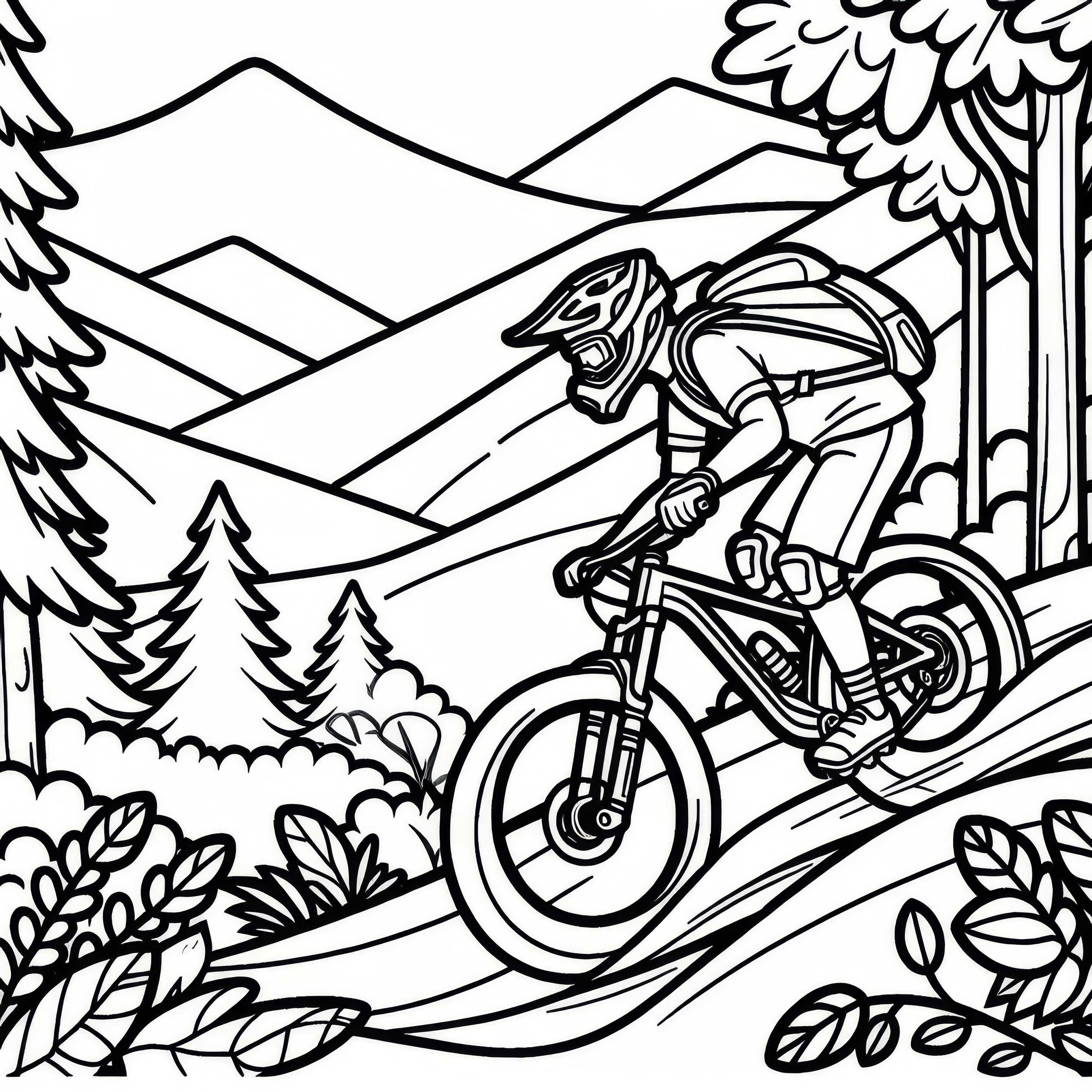 Mountain biker races down steep forest path – Free coloring page