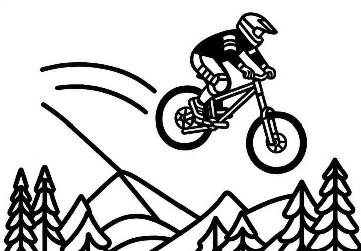 Mountainbiker springt mit Rad – Ausmalbild gratis