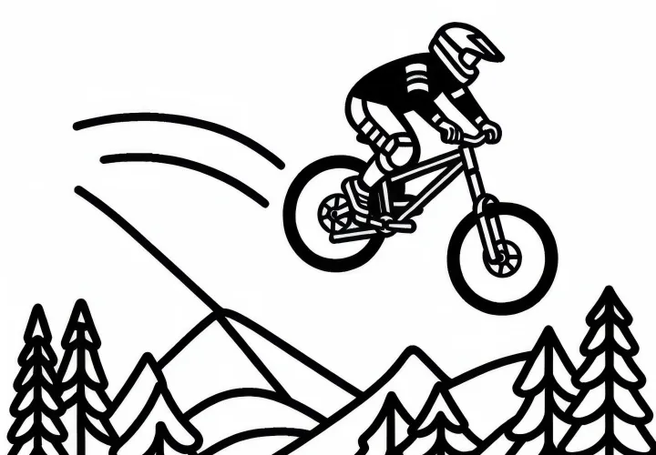 Mountain biker jumps with bike – free coloring page