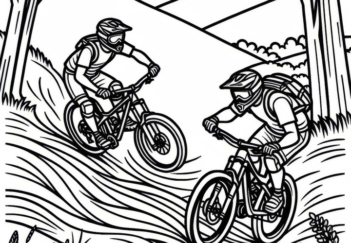 Zwei Mountainbiker liefern sich ein spannendes Rennen auf der Downhill-Strecke – Malvorlage gratis