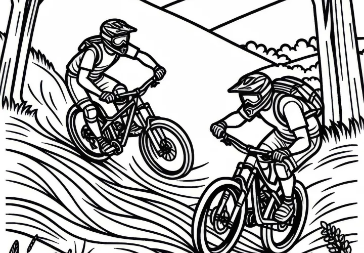 Two mountain bikers are having an exciting race on the downhill track - free coloring page