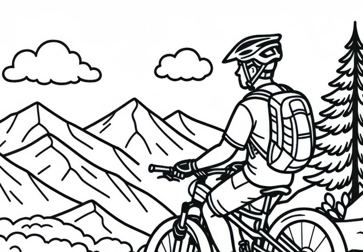 Mountainbiker macht Pause und genießt Aussicht auf Berggipfel – Malvorlage gratis