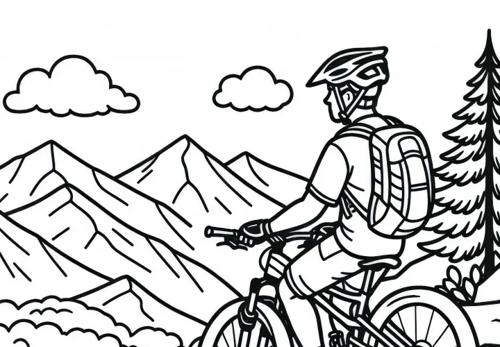 Mountain biker takes a break and enjoys the view of the mountain peak – free coloring template