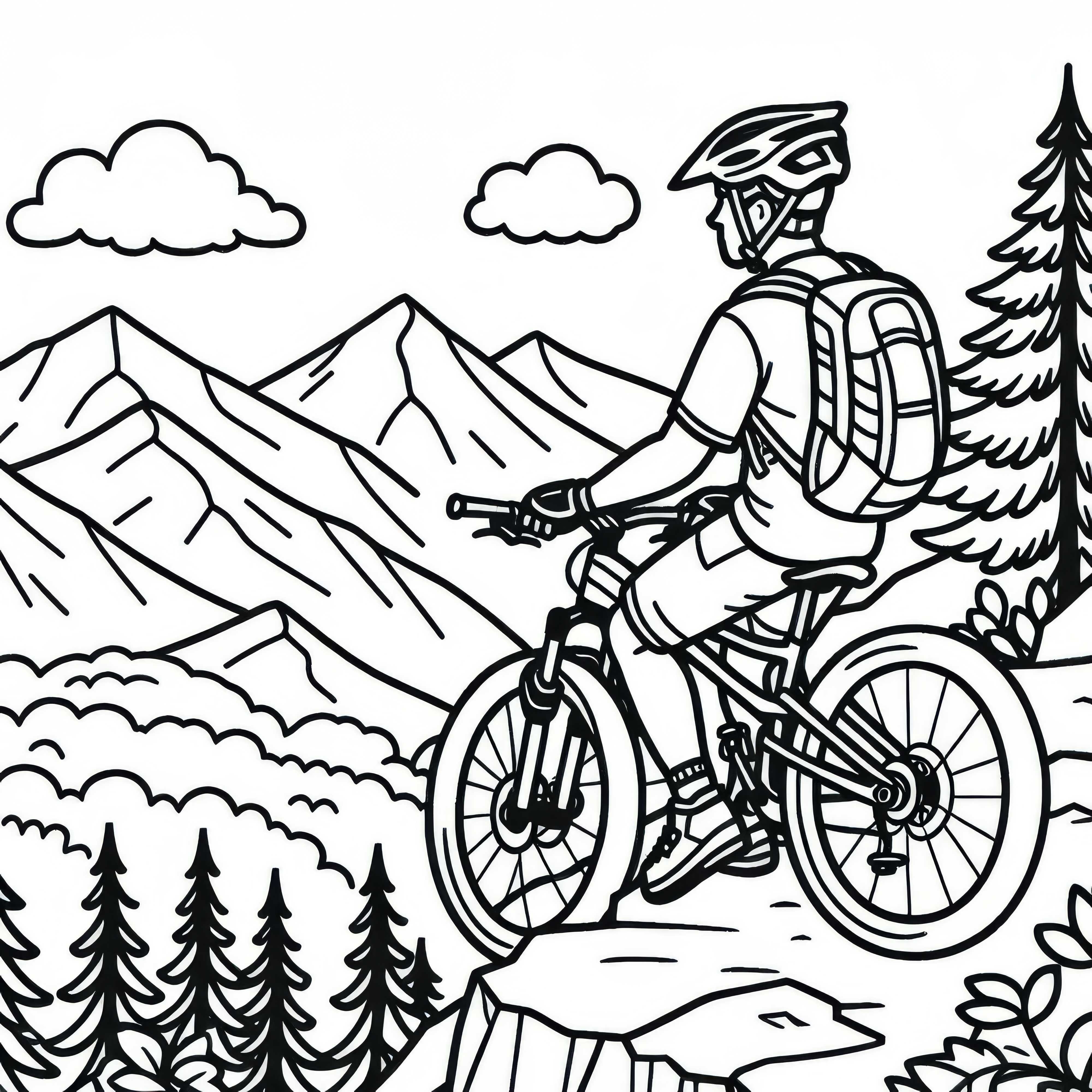 Mountainbiker macht Pause und genießt Aussicht auf Berggipfel – Malvorlage gratis