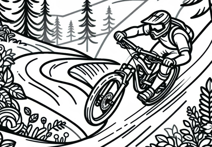 Mountainbike-Fahrer navigiert durch enge Kurven auf schmalem Trail - Ausmalbild kostenlos