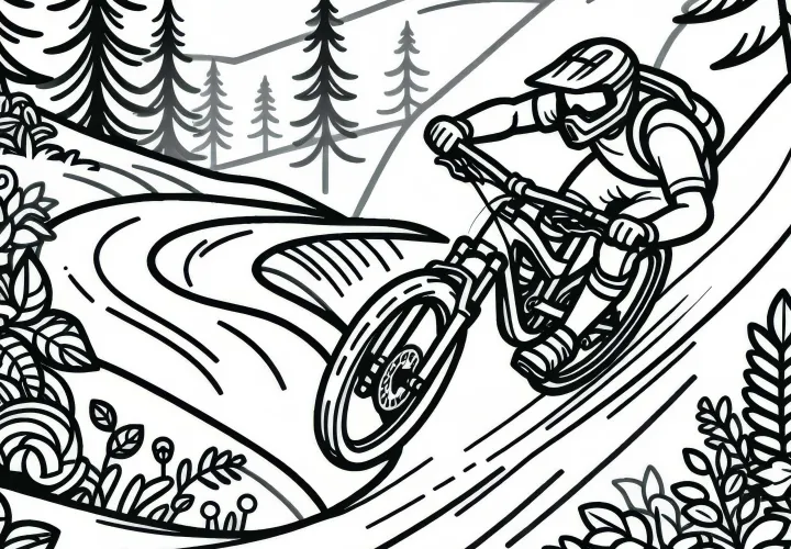 Mountain biker navigates through tight turns on a narrow trail - free coloring page