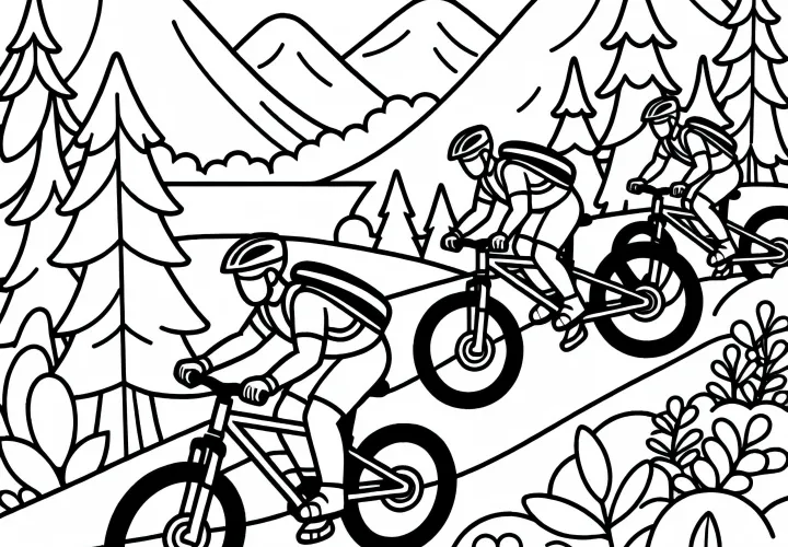 Group of mountain bikers riding together on a forest path - free coloring page
