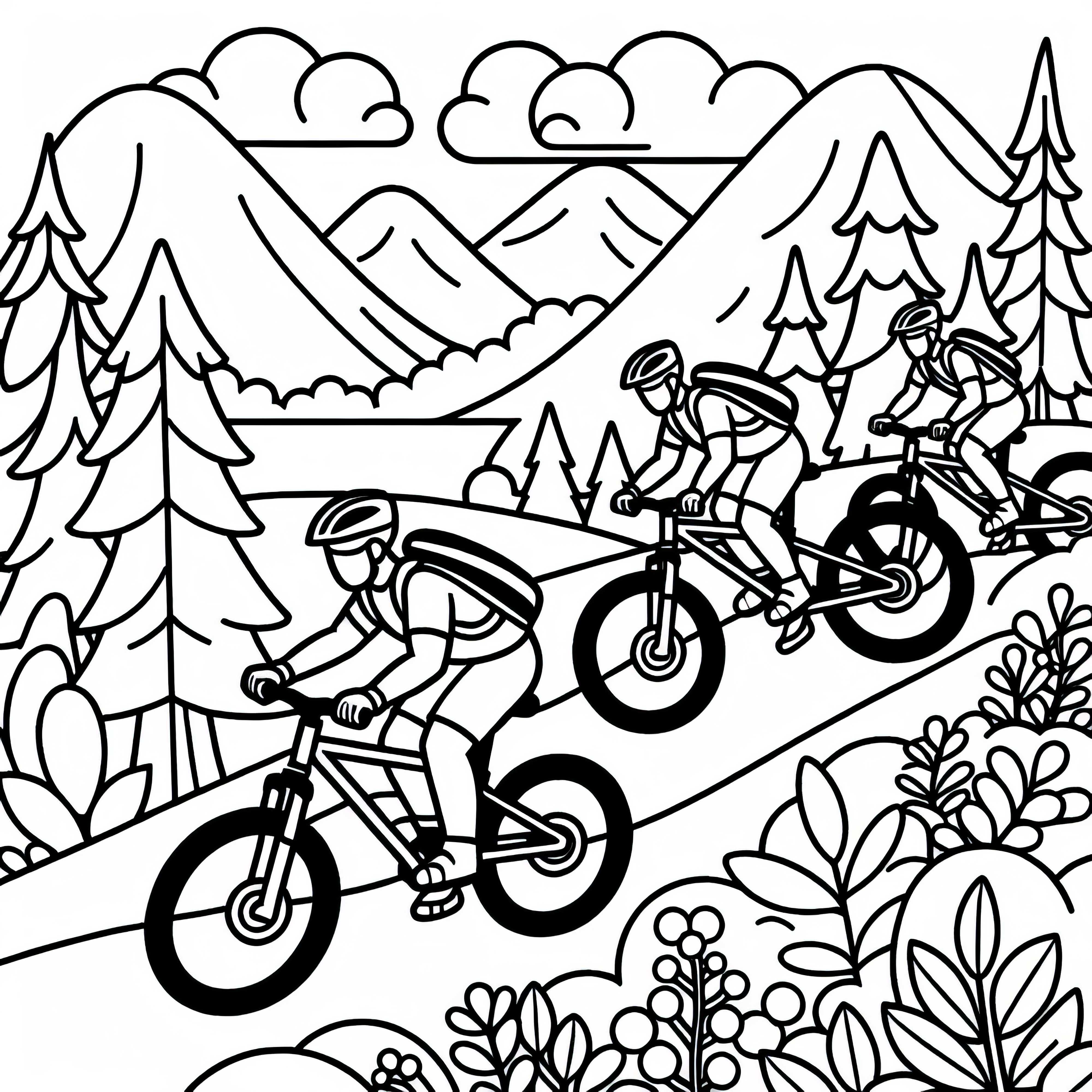 Gruppe von Mountainbikern fährt gemeinsam über Waldweg – Malvorlage kostenlos