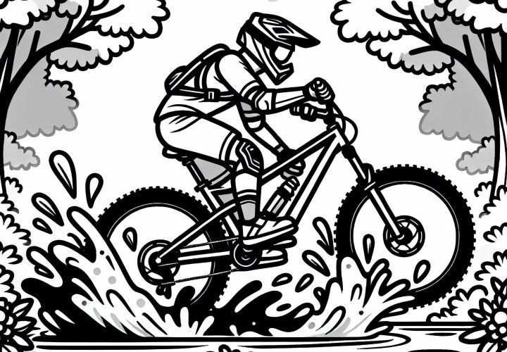 Mountainbiker fährt durch tiefe Pfütze und spritzt Schlamm – Ausmalbild Gratis