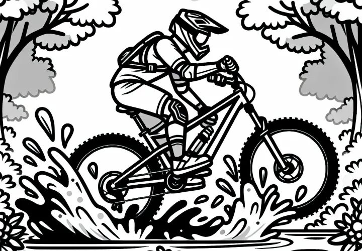 Mountain biker rides through a deep puddle and splashes mud - Free coloring page
