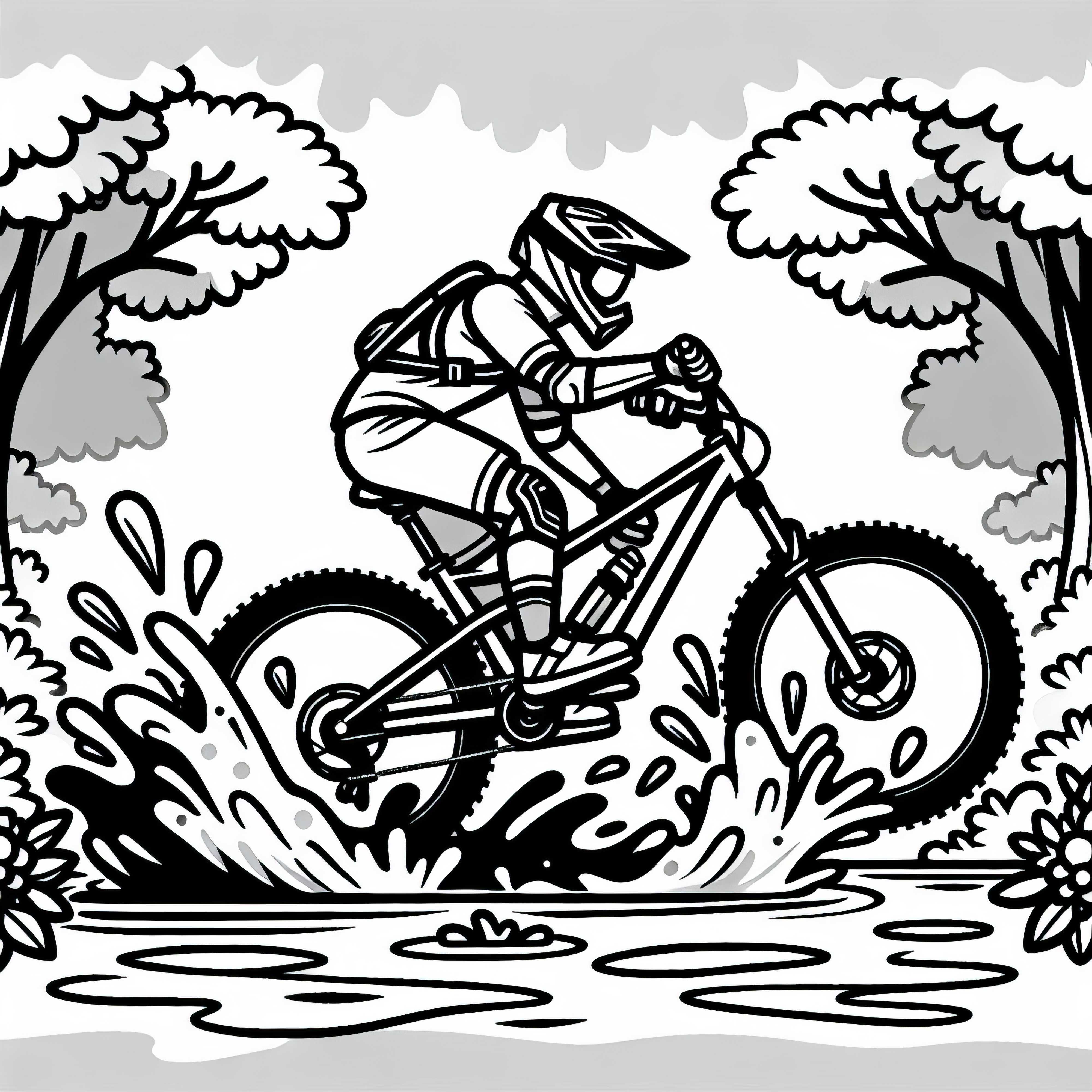 Mountainbiker fährt durch tiefe Pfütze und spritzt Schlamm – Ausmalbild Gratis