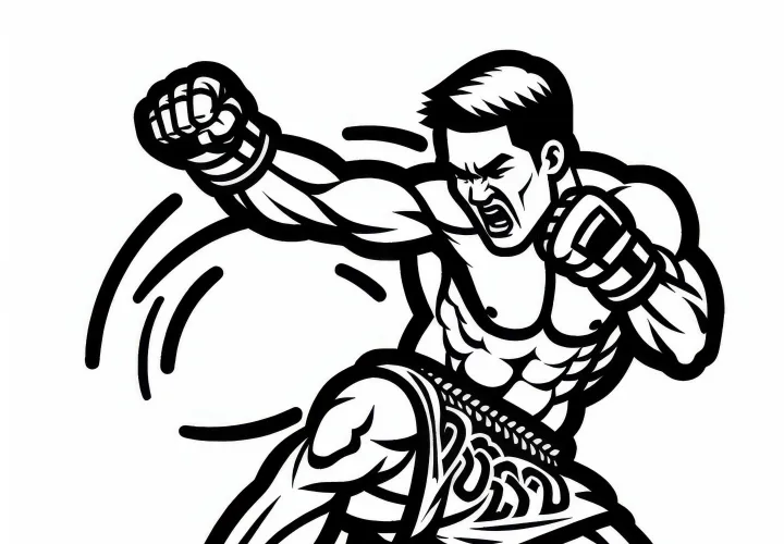 Muay Thai Fighter Uses Powerful Strike – Free Coloring Page
