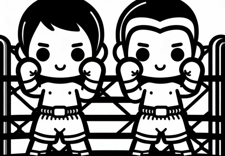 Dois lutadores de Muay Thai estão em pé no ringue com os punhos erguidos - Desenho para colorir fácil e gratuito Dois lutadores de Muay Thai estão de pé com os punhos levantados no ringue - Desenho para colorir simples e grátis