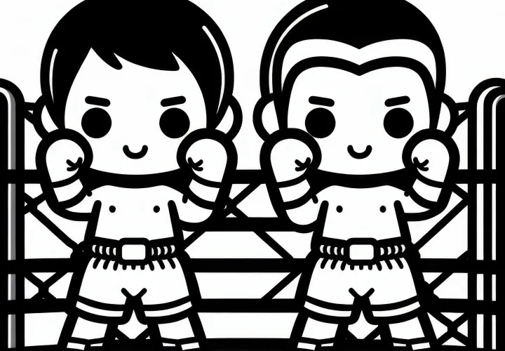 Two Muay Thai fighters stand with raised fists in the ring - coloring page simple free