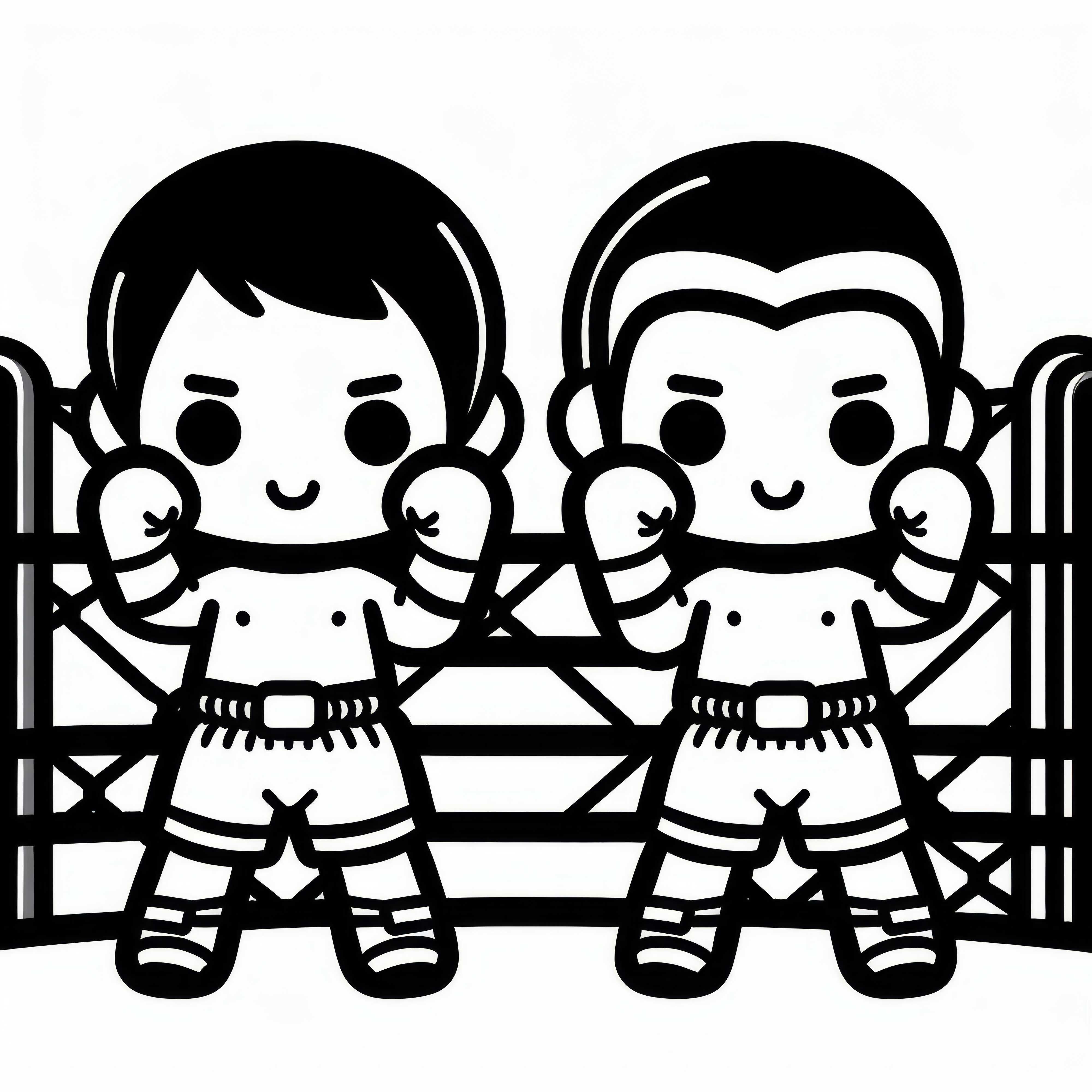 Dois lutadores de Muay Thai estão de pé com os punhos erguidos no ringue - Desenho para colorir simples e grátis