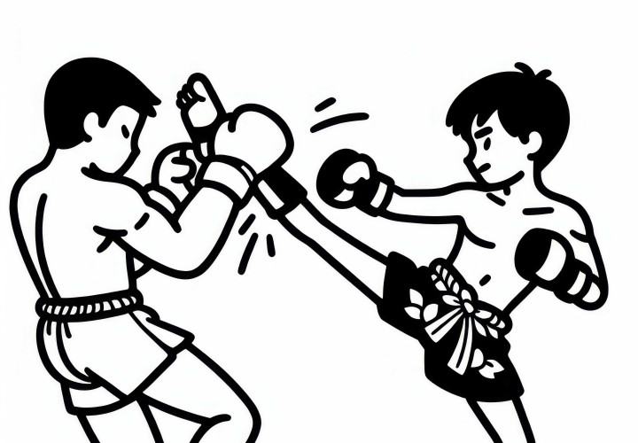 Lutador de Muay Thai chuta o oponente com um alto Roundhouse Kick – Desenho para colorir grátis Lutador de Muay Thai chuta o oponente com um potente golpe circular – Desenho para colorir gratuito