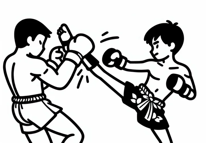 Muay Thai fighter kicks opponent with high roundhouse kick - free coloring page