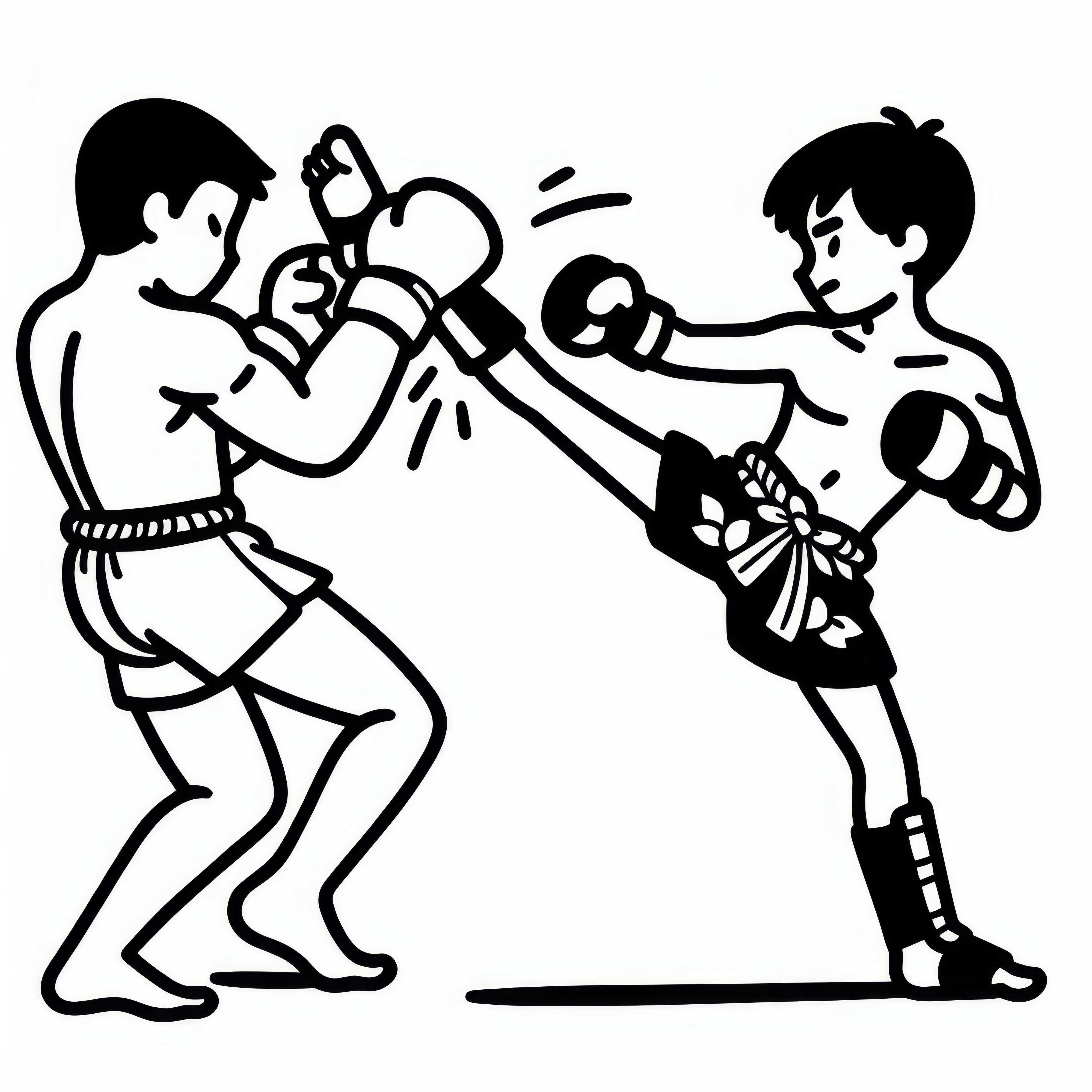 Lutador de Muay Thai chuta o oponente com um alto golpe de roundhouse – modelo para colorir grátis