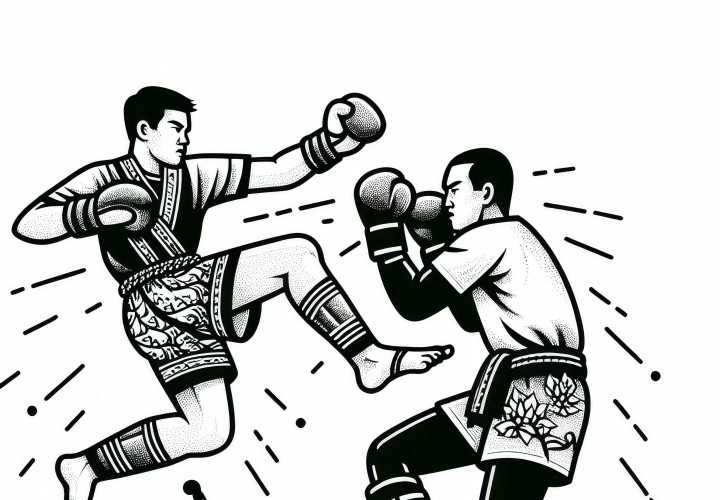 Lutador de Muay Thai desvia-se habilidosamente de um ataque - Desenho para colorir grátis Lutador de Muay Thai desvia habilmente de um ataque – Modelo para colorir grátis