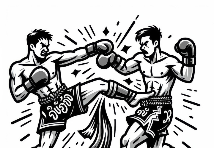 Dois lutadores de Muay Thai trocam socos e chutes rápidos - Desenho para colorir gratuito Dois lutadores de Muay Thai trocam socos e chutes rápidos - Desenho para colorir gratuito