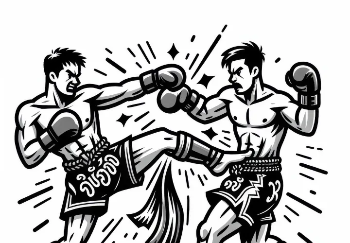 Two Muay Thai fighters exchange fast punches and kicks - Free coloring page