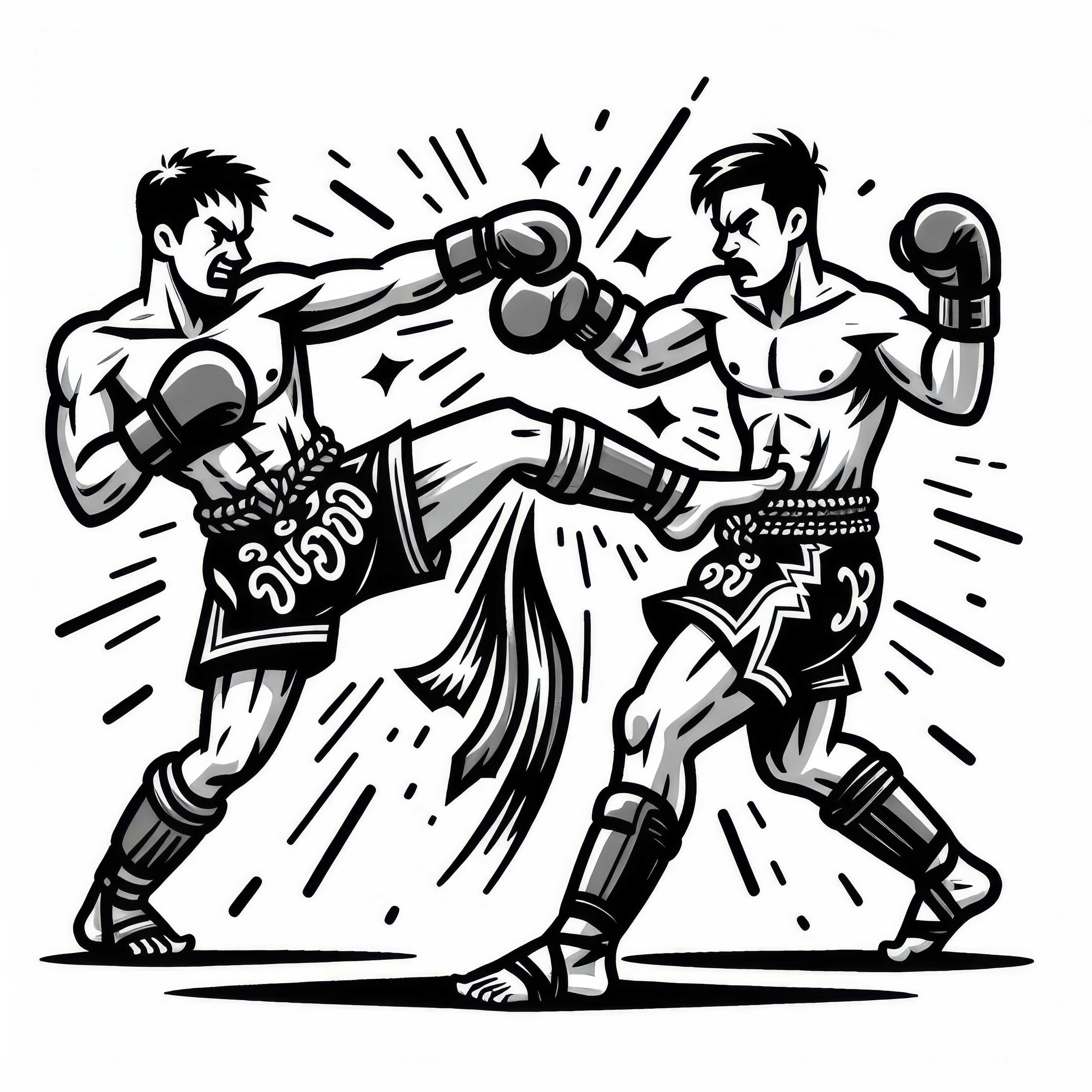 Dois lutadores de Muay Thai trocam socos e chutes rápidos – Desenho para colorir grátis