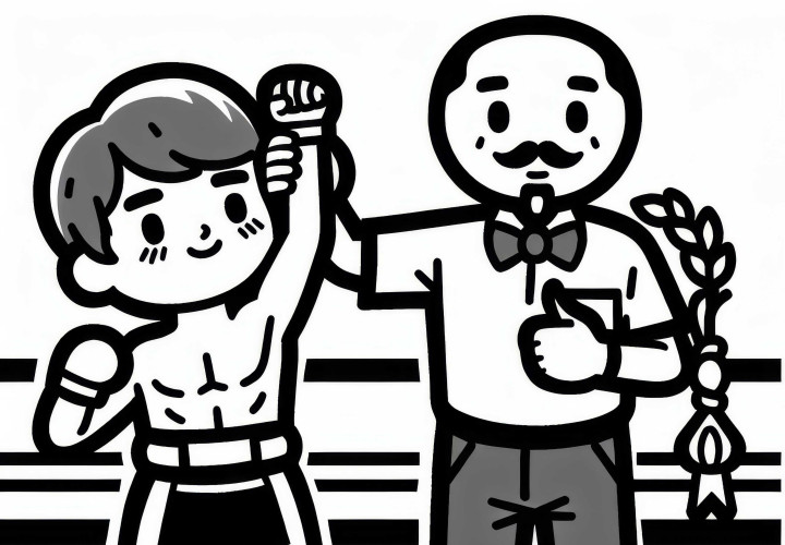 Árbitro de Muay Thai levanta o braço do vencedor após KO – Desenho para colorir simples e grátis Árbitro de Muay Thai levanta o braço do vencedor após nocaute – Modelo de desenho simples grátis