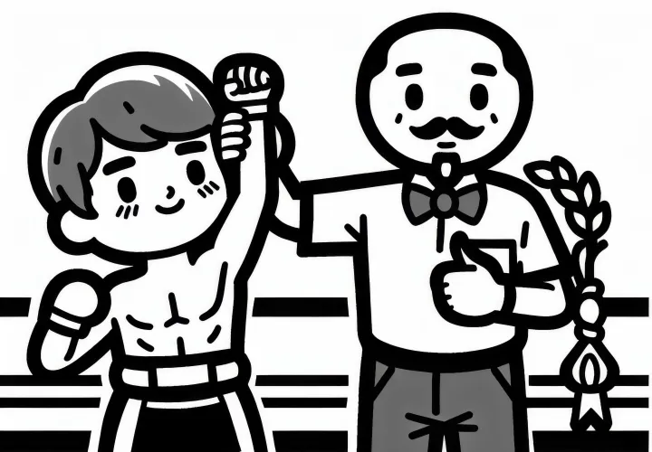 Muay Thai referee raises the winner's arm after KO - simple coloring page free of charge
