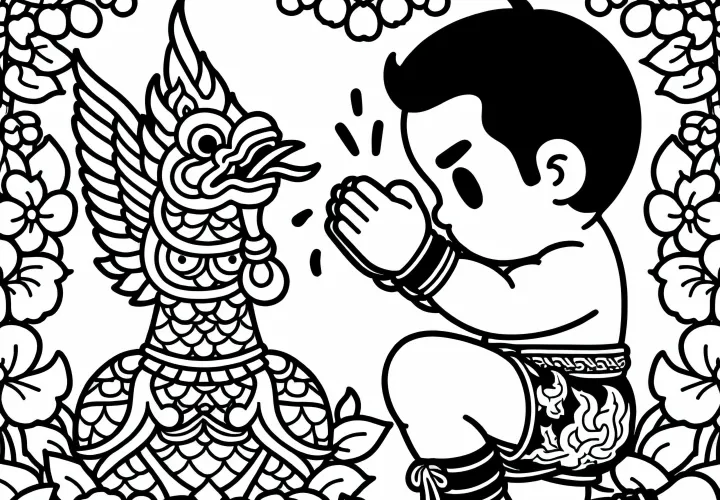 Muay Thai athlete performs traditional Wai Kru ceremony before the fight - free coloring page